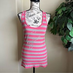 Guess Vintage Rhinestone Studded Ribbed Racerback Striped Tank Top Pink Sz L